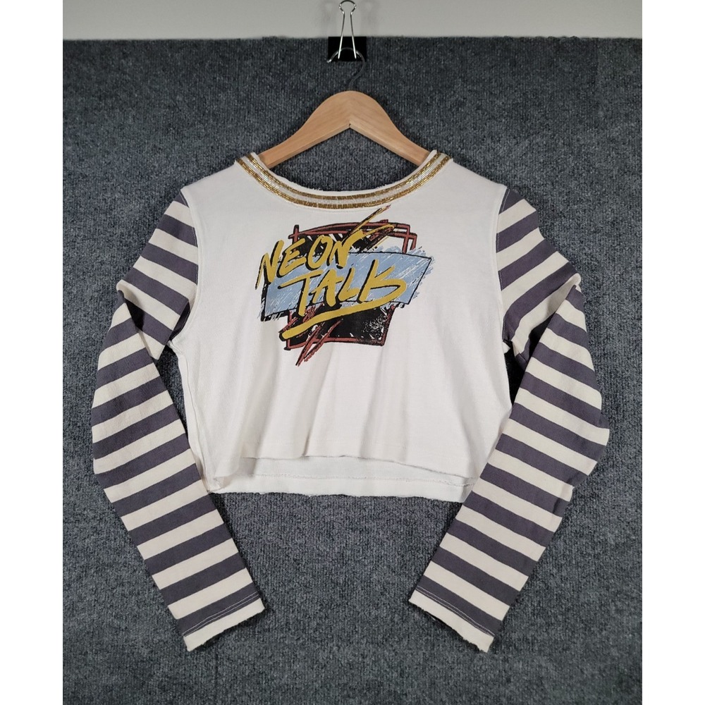 Free People We The Free Show Stopper Tee Small Long Sleeve Cropped Top Beaded